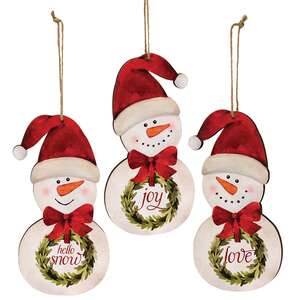 Hello Snowman with Wreath Ornament, 3 Asstd.