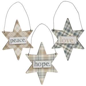 Love, Hope, Peace Plaid Star Ornament, 3 Asstd.