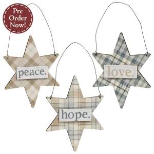 Love, Hope, Peace Plaid Star Ornament, 3 Asstd. #37926