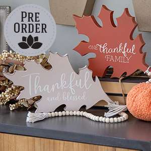 Thankful and Blessed Beige Wooden Leaf Sitter w/Beads 38061