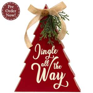 Jingle All the Way Red Wooden Christmas Tree with Burlap Bow #38067