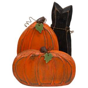Carved Wooden Pumpkin Duo & Black Cat