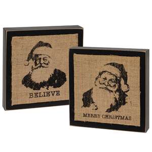 Stamped Burlap Santa Box Sign, 2 Asstd.