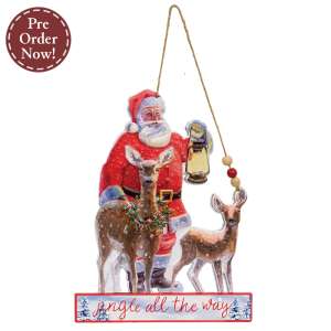 Jingle All the Way Vintage Santa & Deer Distressed Metal Hanger #60483