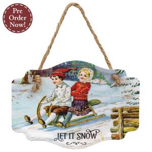 Let It Snow Vintage Sledding Children Embossed Metal Hanger #75059