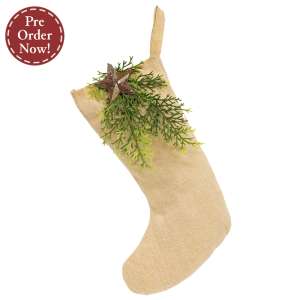Natural Fabric Stocking with Winter Greenery and Rusty Star #CS39060