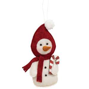 Stuffed Felt Hoodie Snowman with Candy Cane Ornament