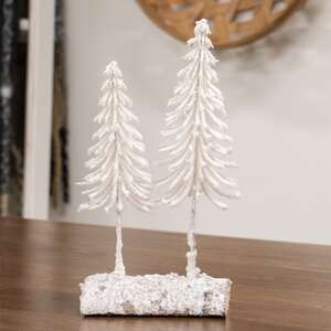 Heavy Flocked White Pine Tree Pair on Log 18407;