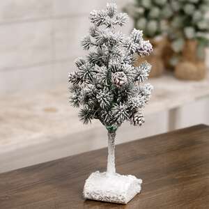 Flocked Bristle Pine Tree w/Cones on Log, 9" 18411;