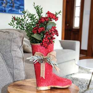 Distressed Red Metal Boot w/Burlap Bow & Pine 60475;