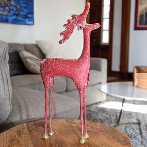 Distressed Red & Gold Painted Metal Standing Deer 60476;