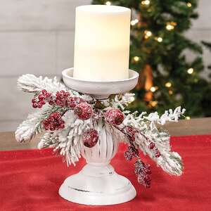 Snow Sprinkled Pine & Berry Pillar Holder, 7" SR2318511;
