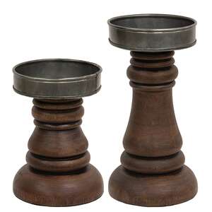 2 Set - Walnut Stained Wood & Metal Pillar Holders