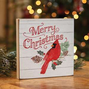 Merry Christmas Cardinal & Holly Square Block Sign 37963;