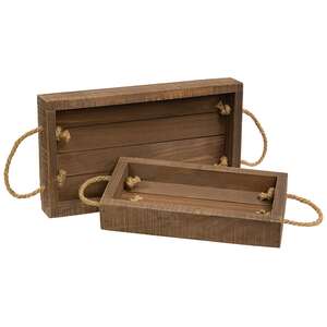 2 Set - Stained Wood Rectangle Trays with Jute Handles