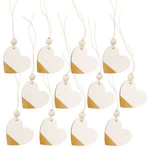 12 Set - Gold & Cream Wooden Heart Tags