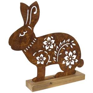 Rusty Metal Flower & Vine Cutout Bunny on Wooden Base 70188;