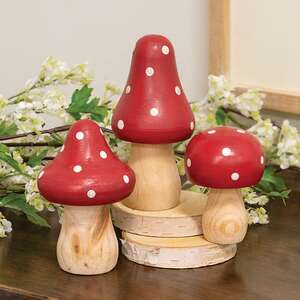 Red & White Dotted Wooden Mushrooms, 3/Set 38432;