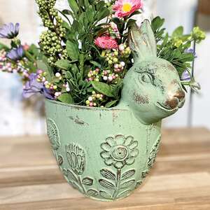 Flower Garden Embossed Distressed Green Cement Bunny Planter 60502;