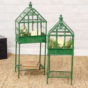 Green Metal & Glass Terrarium Shelves, 2/Set 70200;
