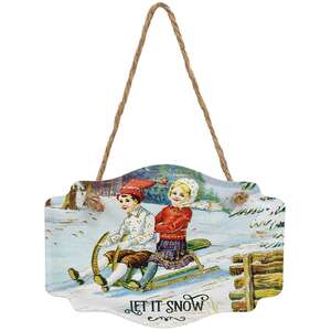 Let It Snow Vintage Sledding Children Embossed Metal Hanger