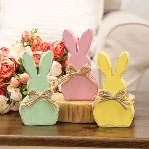 Distressed Chunky Wooden Pastel Bunny Sitter w/Raffia Bow, 3 Asstd. 91173;