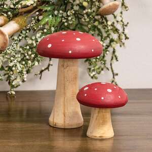 White Dotted Red Wooden Mushrooms, 2/Set 38433;