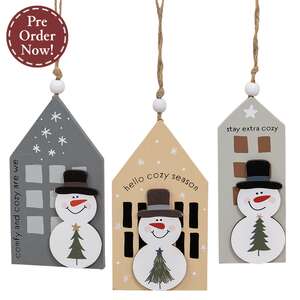 Cozy Snowman Layered Wooden House Ornament - 3 Asstd.