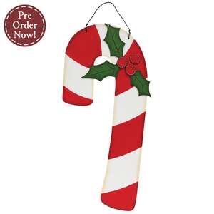 Wooden Candy Cane & Holly Hanger - 18.5"H