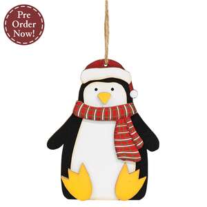 Layered Wood Penguin in Hat & Scarf Orna;