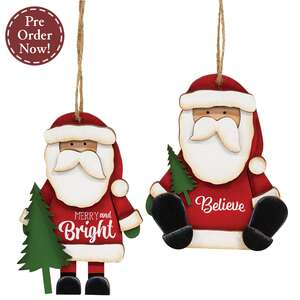 Believe & Bright Santa & Tree Wooden Ornament - 2 Asstd.