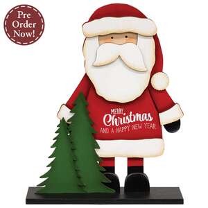 Merry Christmas Wooden Santa & Trees on Base - 9.5"H