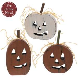 Primitive Distressed Wood Cutout Jack O Lantern Sitter - 3 Asstd.