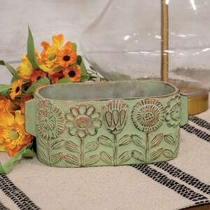 Flower Garden Embossed Distressed Green Cement Oval Planter;
