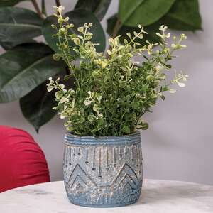 Distressed Blue Aztec Embossed Cement Planter;