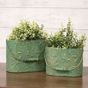 Dragonfly Embossed Distressed Green Metal Oval Buckets - 2/Set 70185;