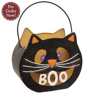 Distressed Metal Boo Cat Luminary Bucket;
