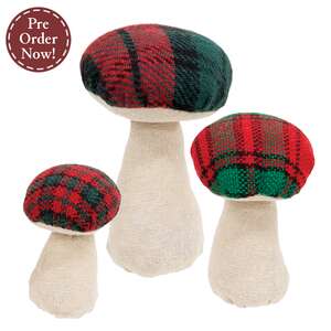 3 Set - Stuffed Red & Green Plaid Mushroom Sitters