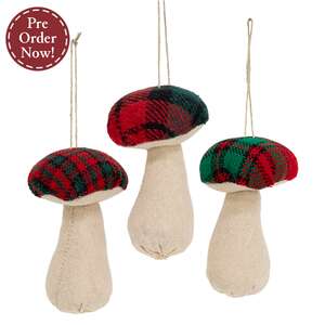 3 Set - Stuffed Red & Green Plaid Mushroom Ornaments