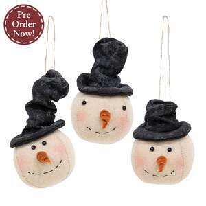 3 Set - Stuffed Floppy Hat Snowman Head Ornaments