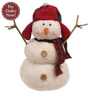 Stuffed Sherpa Snowman with Red & Green Plaid Hunting Hat & Scarf