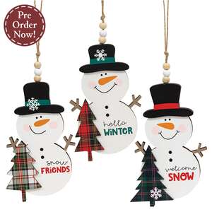 Welcome, Hello, Snow Plaid Christmas Tree Snowman Ornament - 3 Asstd.