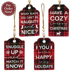 Cozy Merry Christmas Plaid Gift Tag Ornament - 4 Asstd.