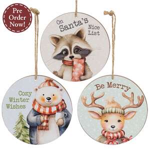 Cozy Winter Animal Round Ornament - 3 Asstd.
