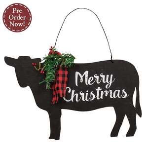 Merry Christmas Wooden Cow Sign w/Winter Greenery