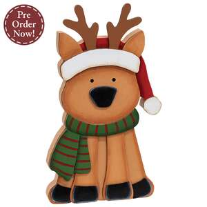Santa Hat Reindeer Chunky Wooden Sitter