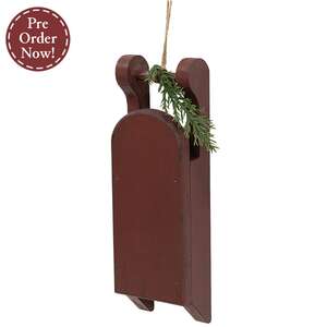 Distressed Wooden Red Sled with Pine - 9"