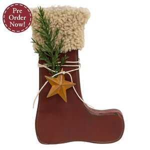 Distressed Primitive Wood Red Stock Sitter with Pine & Rusty Star