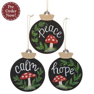 Peace, Calm, Hope Wooden Mushroom Bulb Ornament - 3 Asstd.