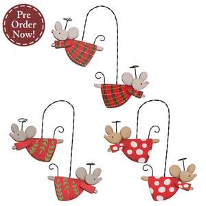Wooden Flying Angel Mice Pair Hanging Ornament - 3 Asstd.